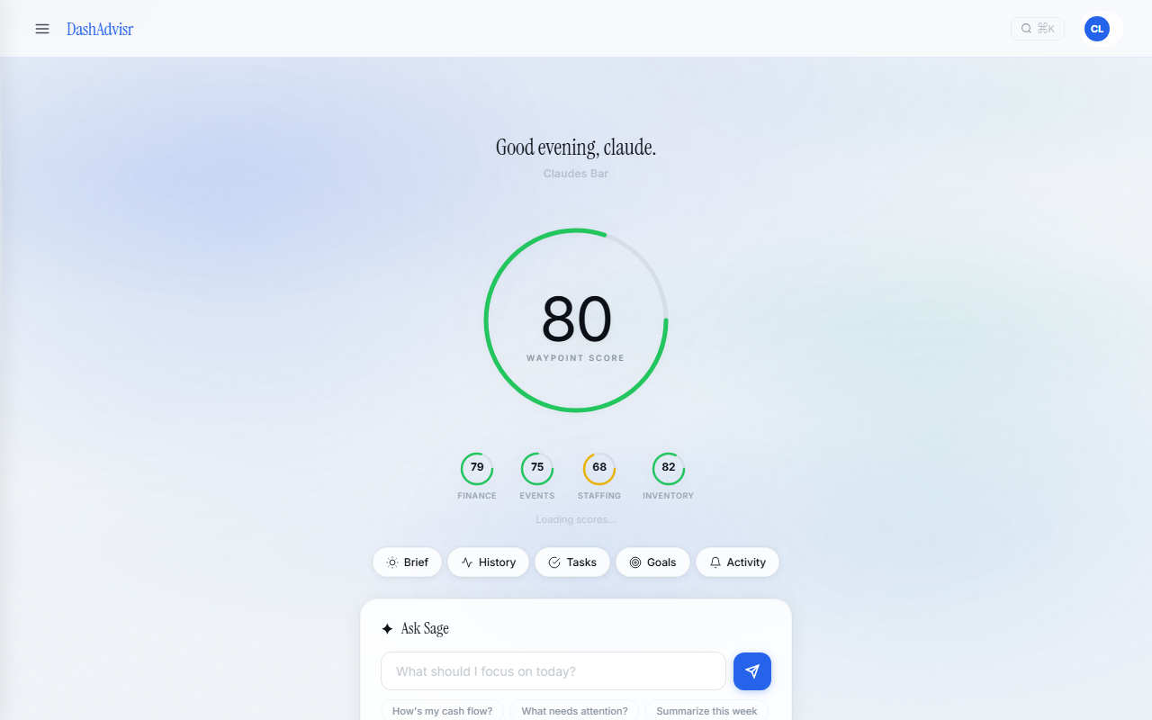 DashAdvisr dashboard showing Waypoint Score and domain breakdown