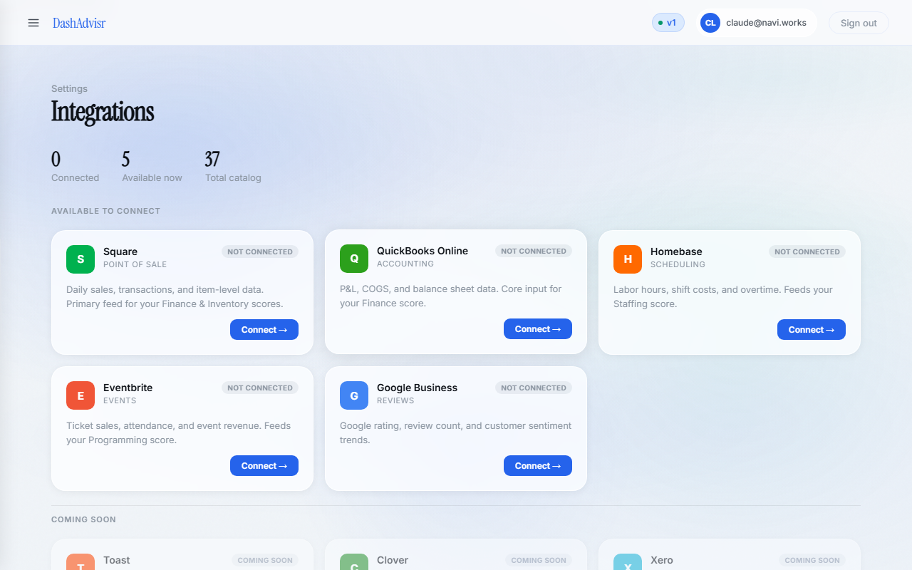 Integrations hub showing Square, QuickBooks, and other connections