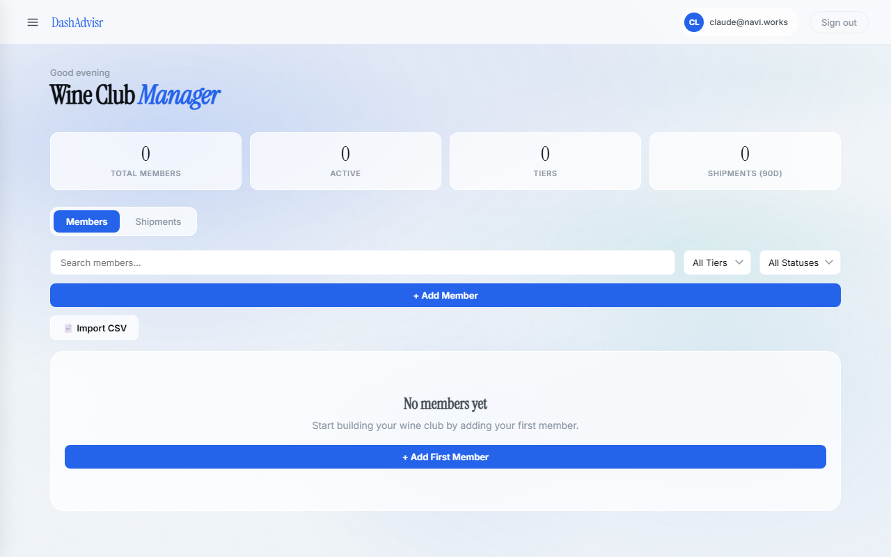 Wine Club management showing member tiers and stats